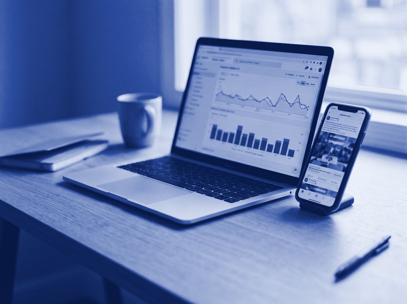 Laptop with an analytics dashboard beside a phone showing an ad